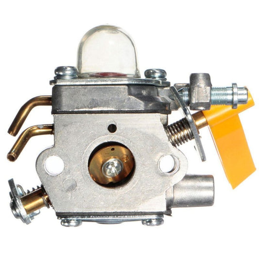 Carburetor with yellow throttle lever, mounting bolts, and metal intake body