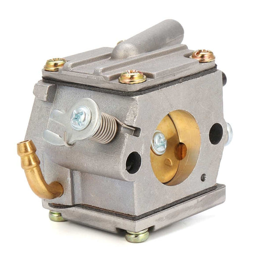 Silver carburetor with brass choke cover, fuel line outlet, and adjustment screws