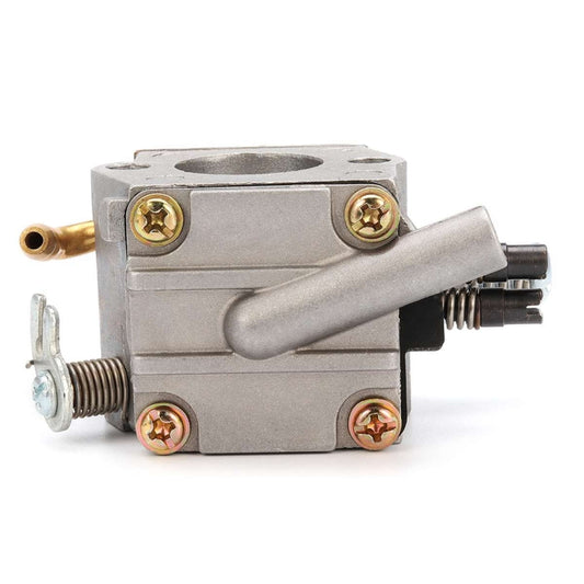 Silver carburetor assembly with brass inlet and mounting screws, for chainsaw