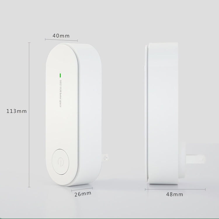 Mini ultrasonic deodorizer device, white oval body shown with size measurements
