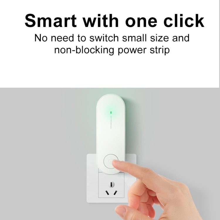 Mini ultrasonic deodorizer device plugged into wall outlet with fingertip pressing power