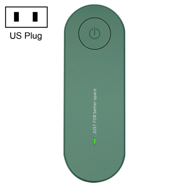 Mini ultrasonic deodorizer device, green oval body with power button and indicator light