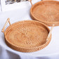 Braided snack tray basket set: woven oval basket with wood handles, stacked two pieces