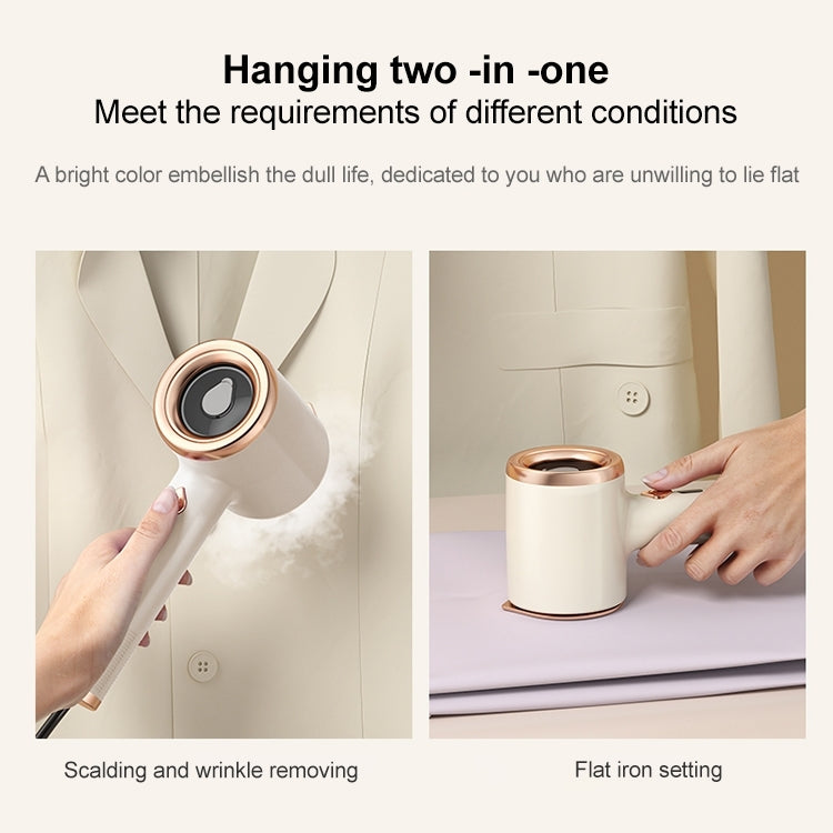 Handheld garment steamer showing steaming and flat ironing on clothing