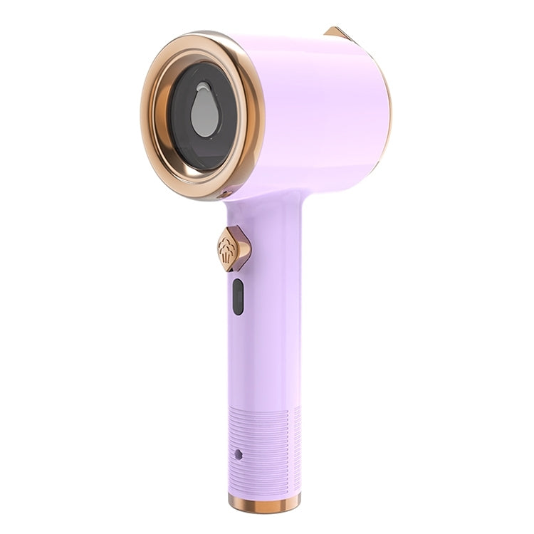 Handheld garment steamer in light purple with round steam head and copper-toned trim