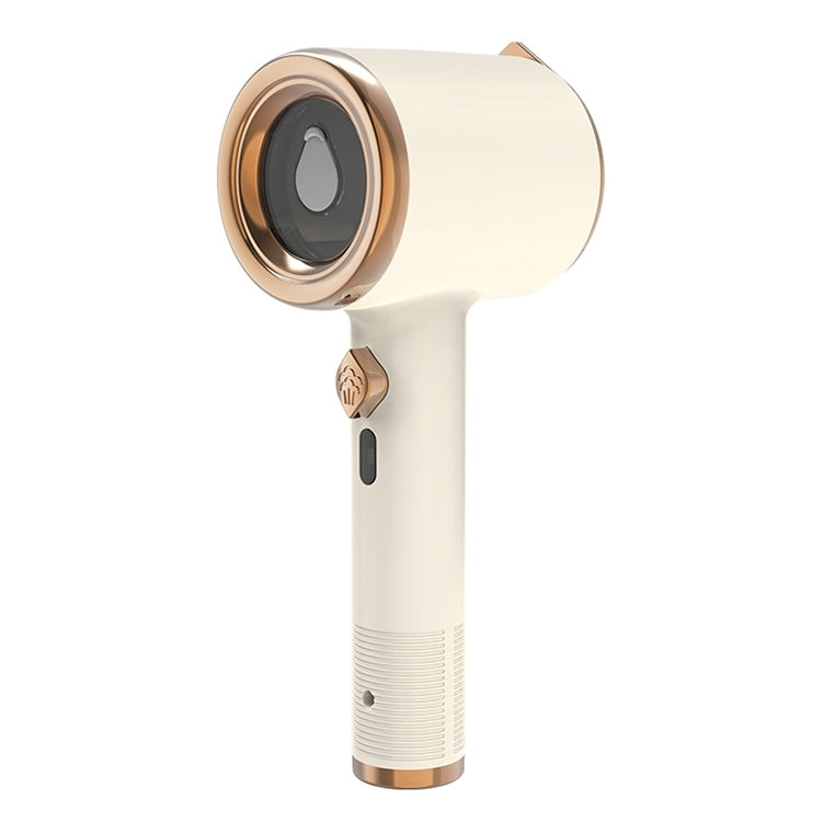 Handheld garment steamer in white with round steam head and copper-toned trim