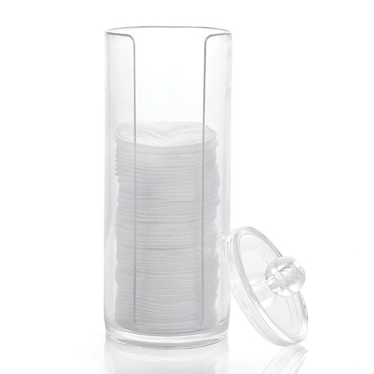 Clear round plastic cotton pad storage box, open lid showing stacked pads
