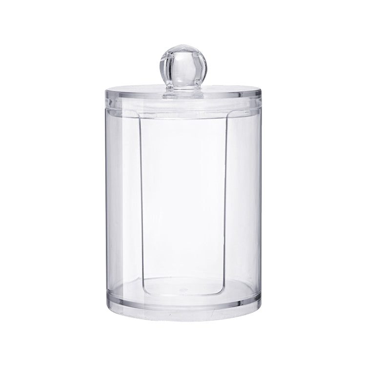Round transparent plastic storage container with domed lid and clear top knob