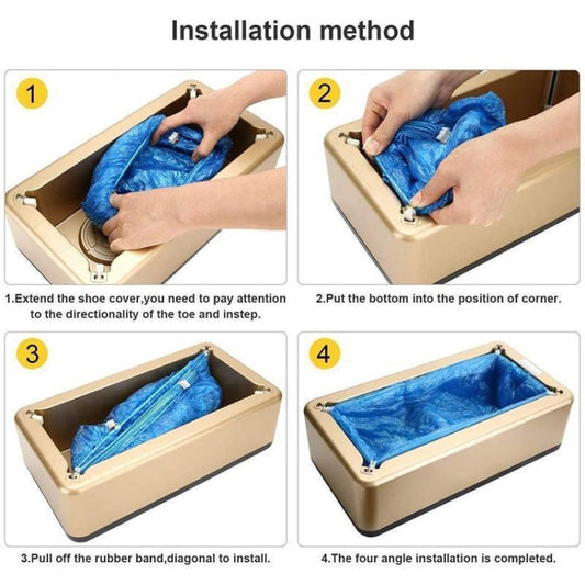 Disposable blue shoe cover bundle inside beige storage tray during setup