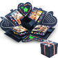 Black photo explosion album opened flat, with heart panels, photo cards, and star details