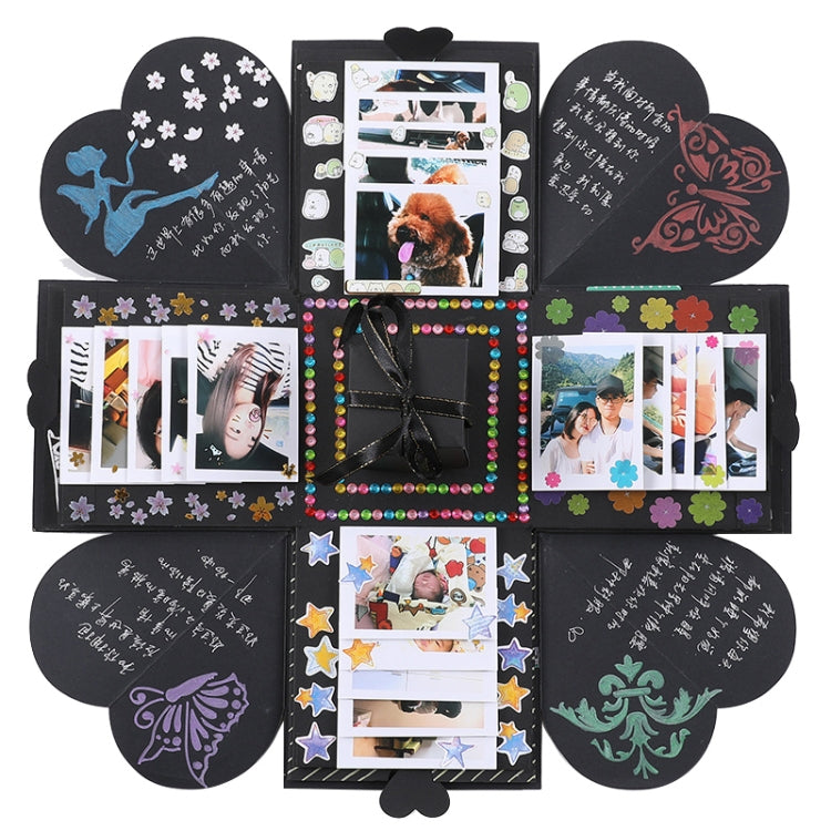 Black photo explosion album with heart covers, colorful stickers, and multiple photo frames
