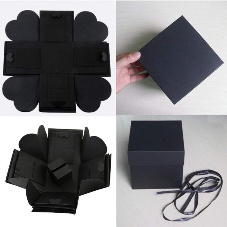 Folded black photo explosion album pieces with ribbon and empty panel squares