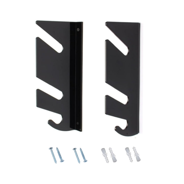 Pair of black wall-mount skateboard brackets with screws for four-wheel board storage