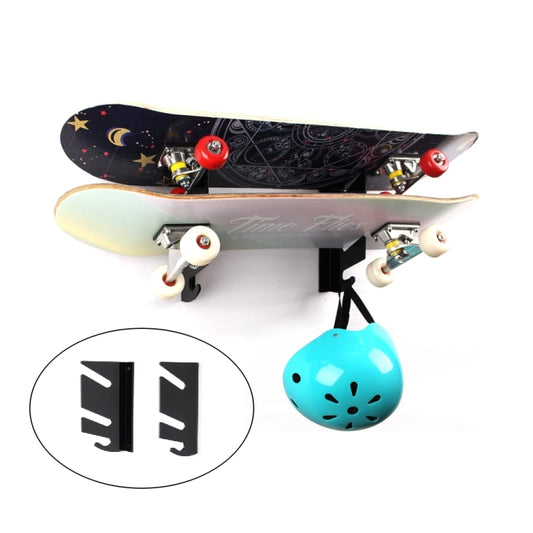 Black skateboard wall-mount brackets shown under a skateboard, with included hardware