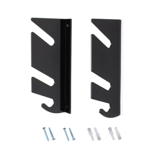 Pair of black wall-mount skateboard brackets with screws for four-wheel board storage