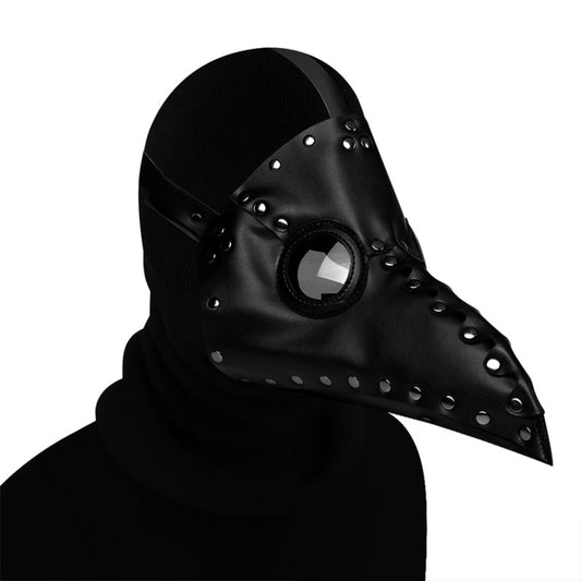 Black beak face mask with hood, rivets, and round eye opening, Halloween costume prop