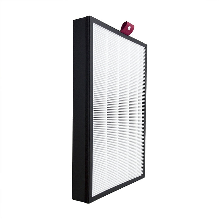 Air purifier replacement filter element with white pleated media and dark frame