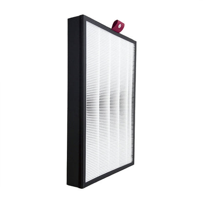 Air purifier replacement filter element with white pleated media and dark frame