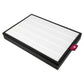 Air purifier replacement filter element with white pleated media on dark base, angled