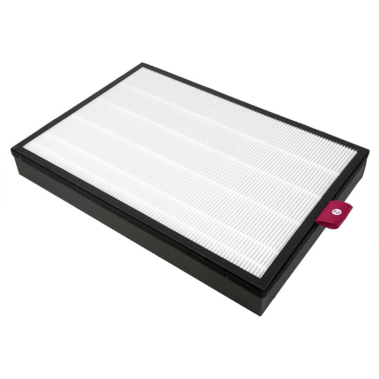 Air purifier replacement filter element with white pleated media on dark base, angled