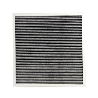 Square pleated air purifier replacement filter, dark gray, in white frame