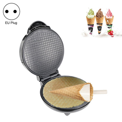 Electric cone maker with open nonstick waffle plate, dark grid pattern