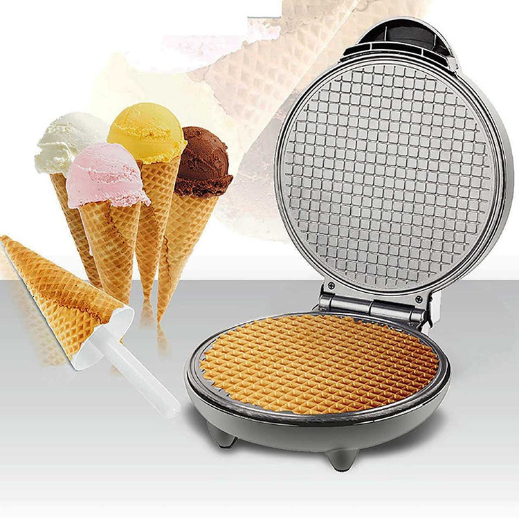 Electric cone maker with open round plate and waffle cone pieces