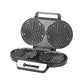 Compact double waffle maker with round nonstick plates and geometric grid pattern, black and gray