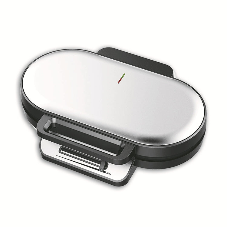 Compact electric mini waffle maker with silver top, black base, and hinged handle, closed