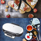 Mini electric waffle maker with closed lid and handle, designed for grid waffles