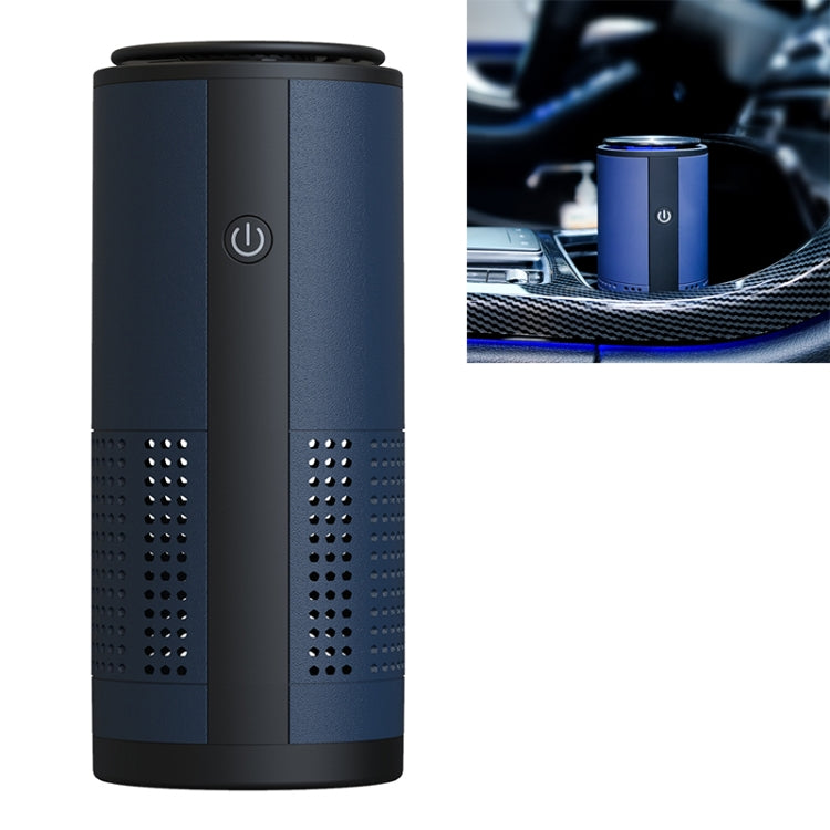 Blue cylindrical car air purifier with perforated vents and power button