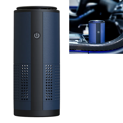 Blue cylindrical car air purifier with perforated vents and power button