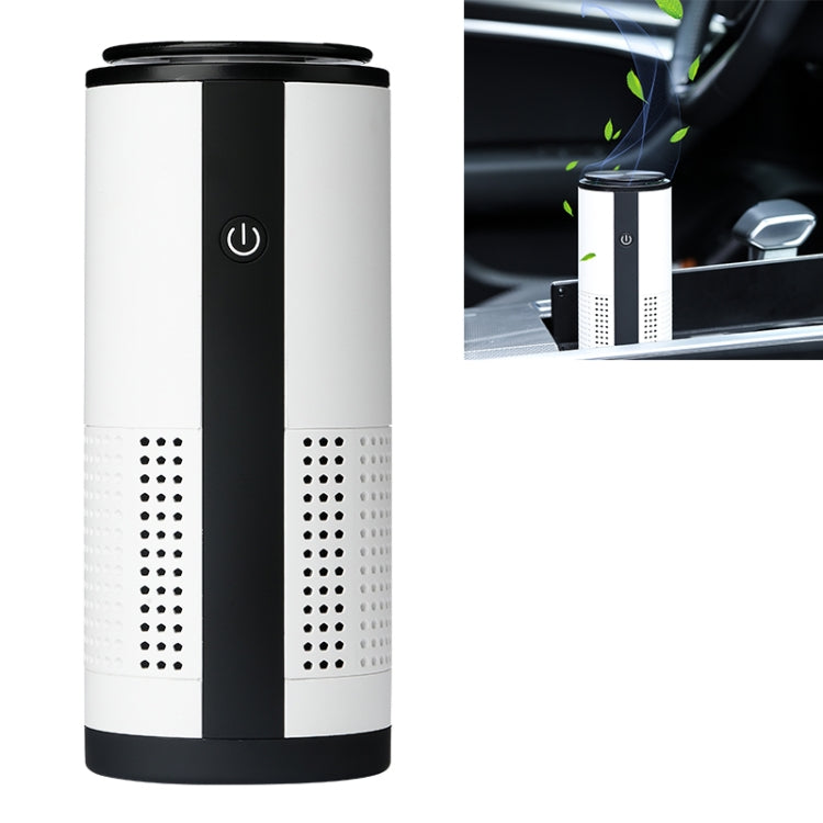 White and black cylindrical car air purifier with perforated side vents