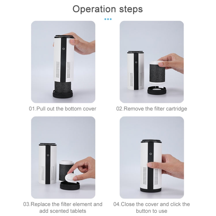 Car air purifier with base and filter cartridge shown during setup steps