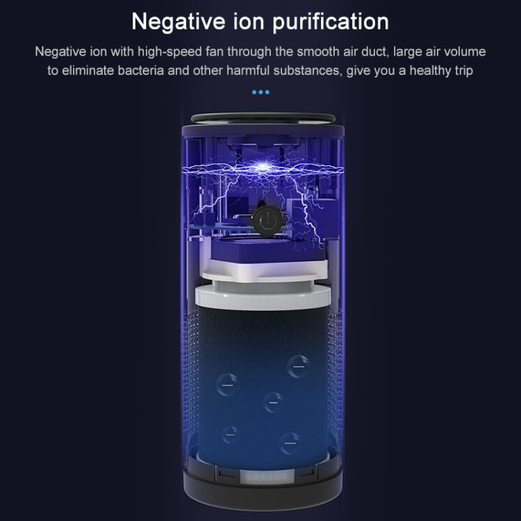 Blue-lit car air purifier interior with ion purification chamber