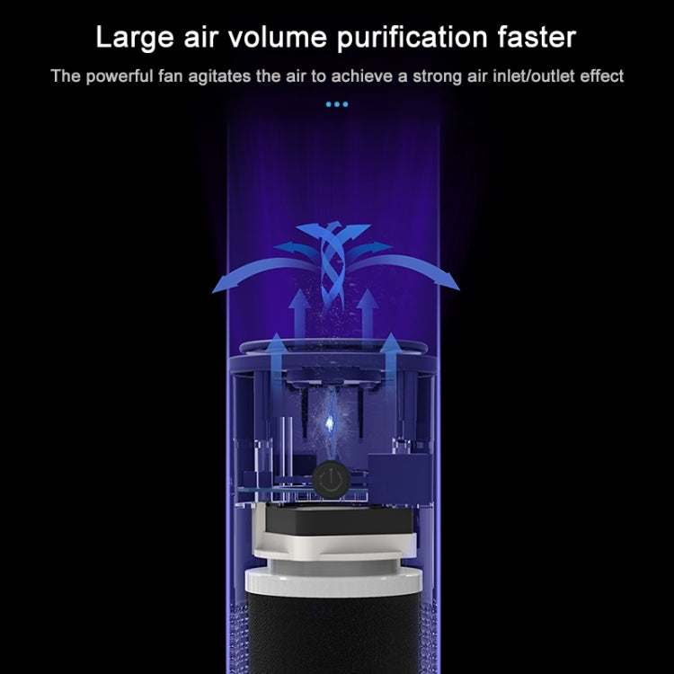 Car air purifier cross-section showing airflow path and fan for purification