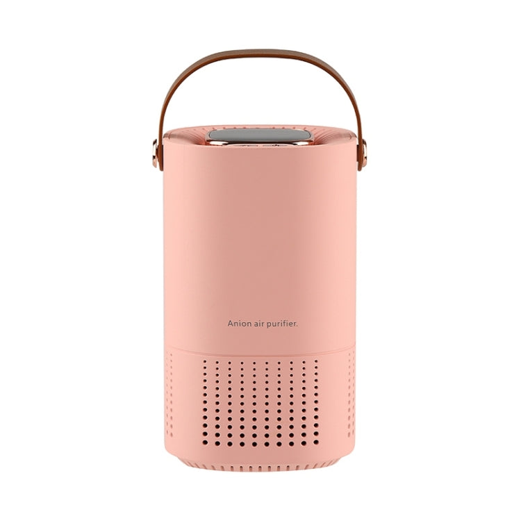 Pink portable air purifier with top display and brown carrying handle