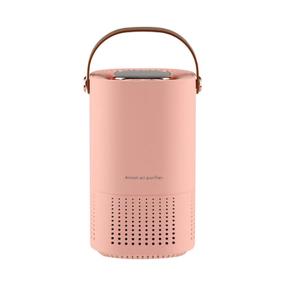 Pink portable air purifier with top display and brown carrying handle