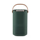 Green portable air purifier with top display and brown carrying handle