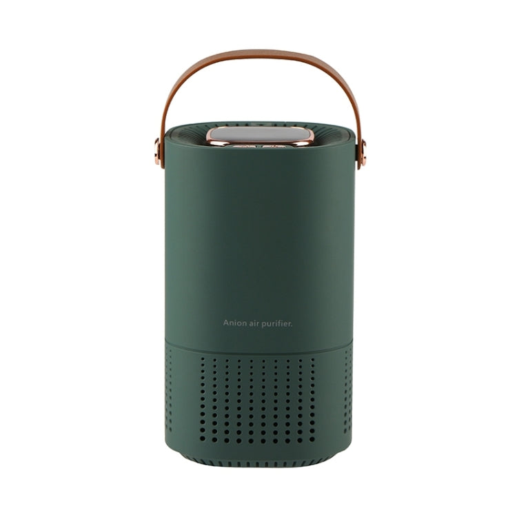 Green portable air purifier with top display and brown carrying handle