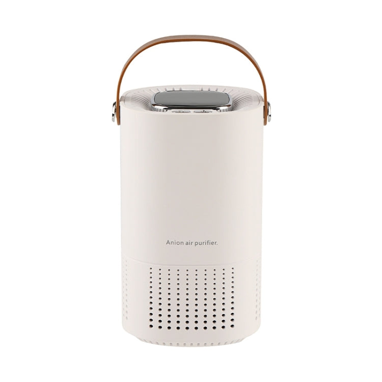 White portable air purifier with top display and brown carrying handle