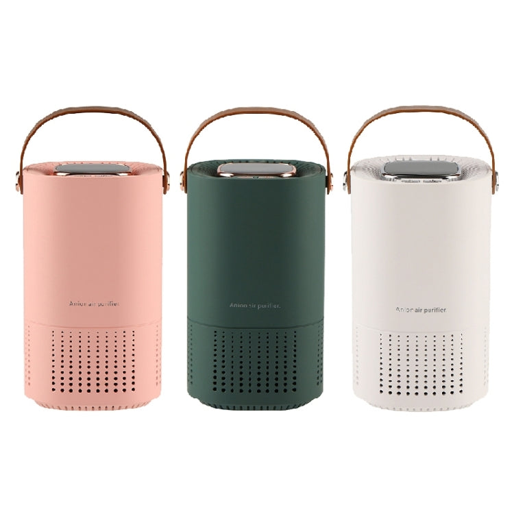 Set of portable air purifiers in pink, green, and white with carrying handles