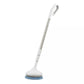 Electric telescopic window cleaner with rotating blue scrub pad and white pole