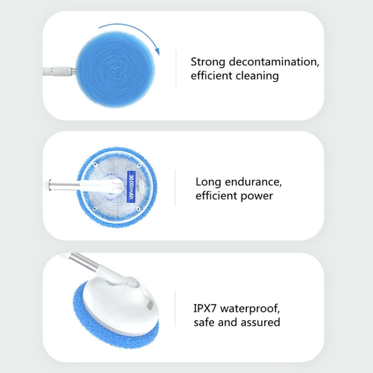 Electric window cleaner feature cards showing powered cleaning and water resistance