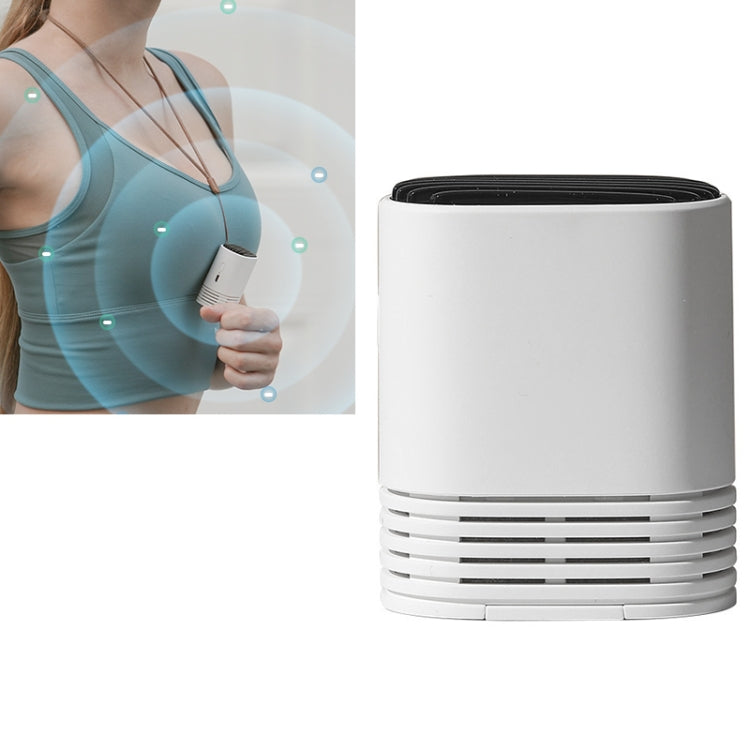 White hanging-neck negative ion portable air purifier, black top and front vent slots