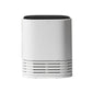 White portable ion air purifier with black top and horizontal grille vent ring