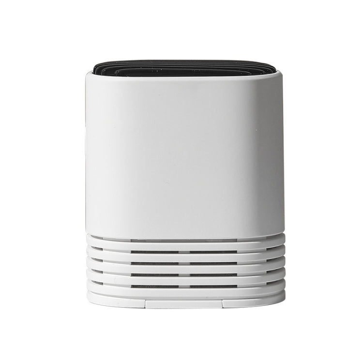 White portable ion air purifier with black top and horizontal grille vent ring