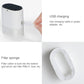 White air purifier showing USB charging port and removable filter sponge compartment