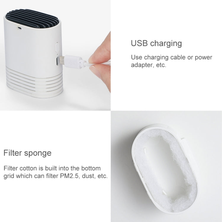 White air purifier showing USB charging port and removable filter sponge compartment