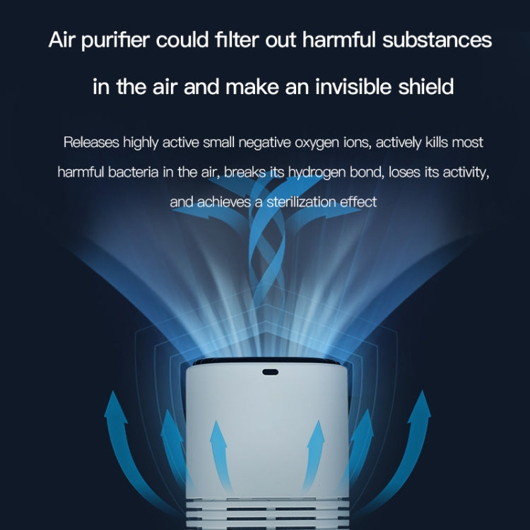 White portable air purifier centered with black top and front vent grille